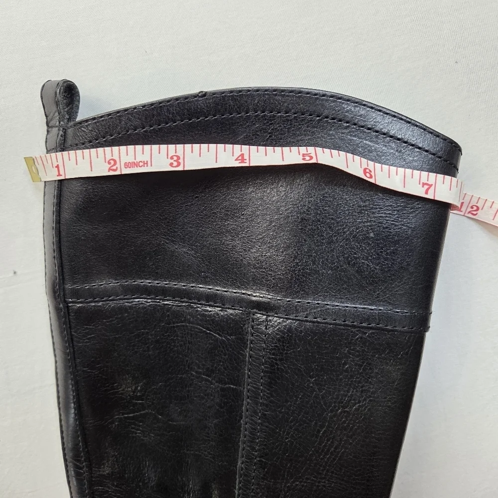 Tory Burch Black Leather Riding Boots 7.5M Gold Logo Hardware Equestrian Tall